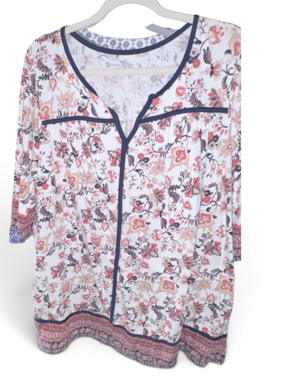 Woman Within White Floral Blouse with Navy Trim - White, Pink, Navy